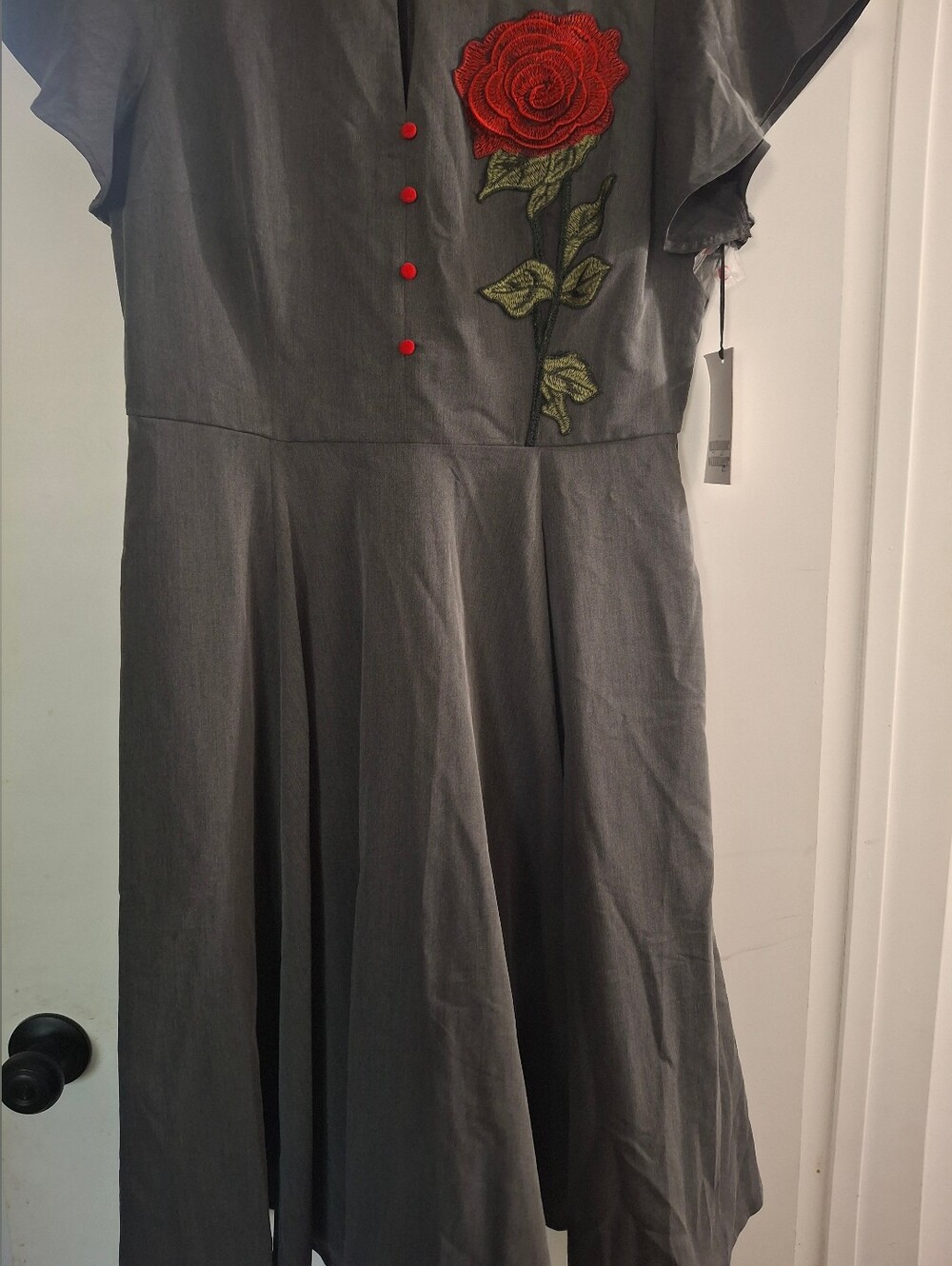 Unique Vintage Black Midi Dress with Red Rose Embroidery - Picture 2 of 10